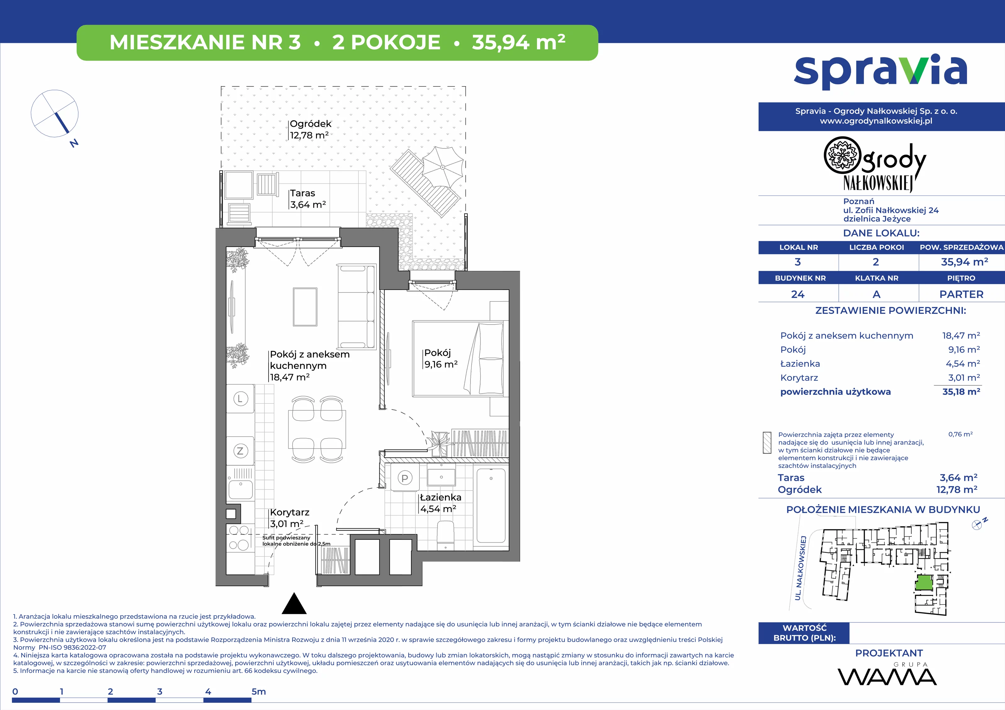 2 pokoje, mieszkanie 35,94 m², parter, oferta nr 24-3, Ogrody Nałkowskiej, Poznań, Ogrody, ul. Nałkowskiej 24, 26